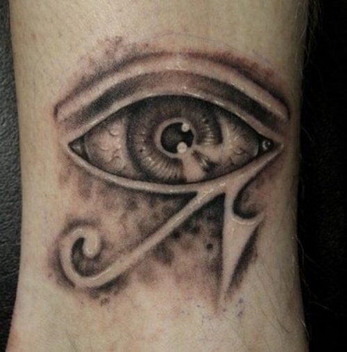 Grey Ink Egyptian Horus Eye Tattoo On Leg
